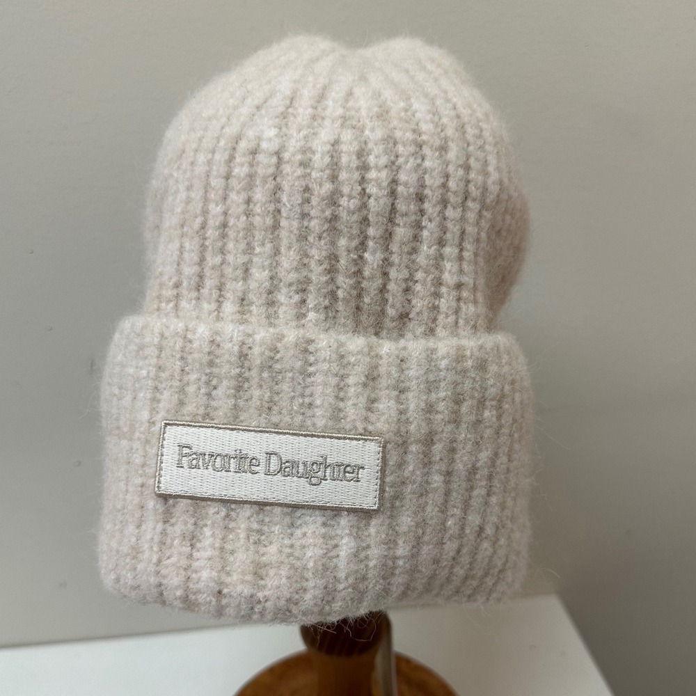 Favorite Daughter Logo Patch Rib Beanie Ivory Cream Wool Blend 29FDWC533562-IVO